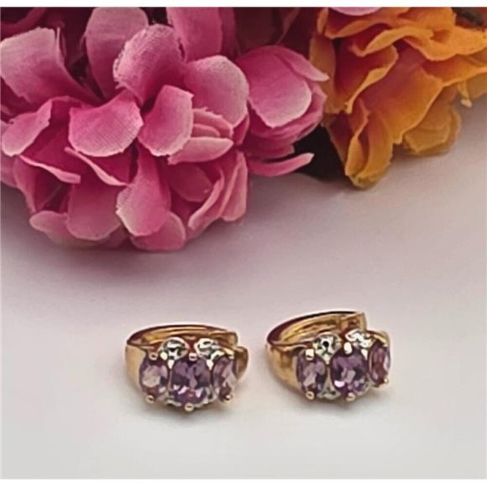 Ross Simons Sterling Silver Gold-Tone Huggie Earrings Purple & Clear 17.2mm